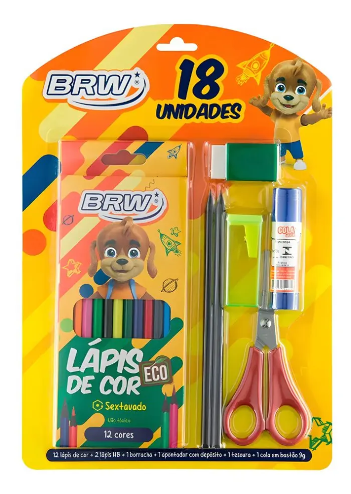 Kit Escolar BRW 18 Peças – Lápis de Cor, Borracha, Cola, Apontador, Tesoura e Lápis HB