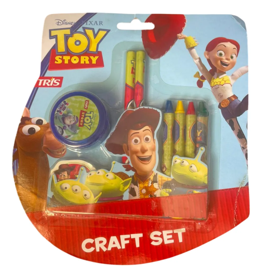 Kit Escolar com apontador + borracha + lápis escrever + giz de cera Toy Story
