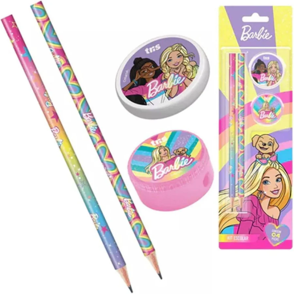 Kit Escolar Barbie com Lápis, Apontador e Borracha