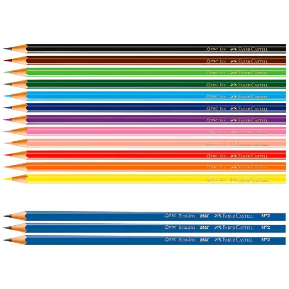 Lápis de Cor 12 Cores + 3 Ecolápis de Escrever Faber-Castell – Qualidade e Criatividade em um Só Kit!
