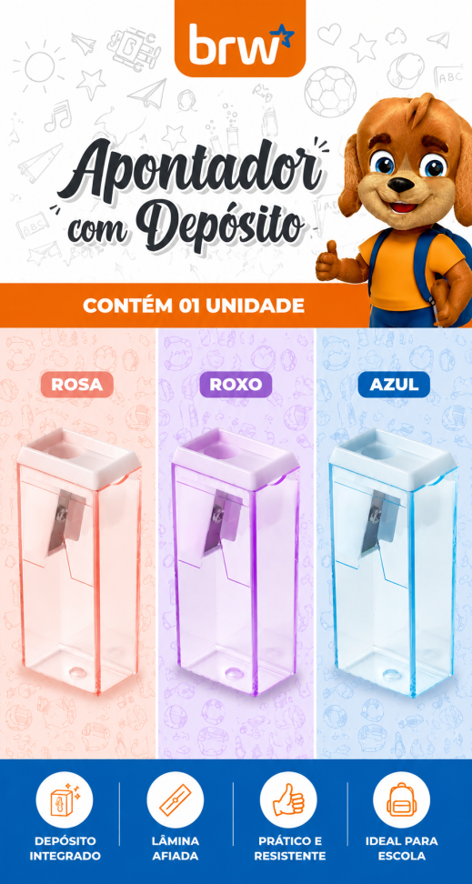 Apontador com depósito retangular tons pastéis blister