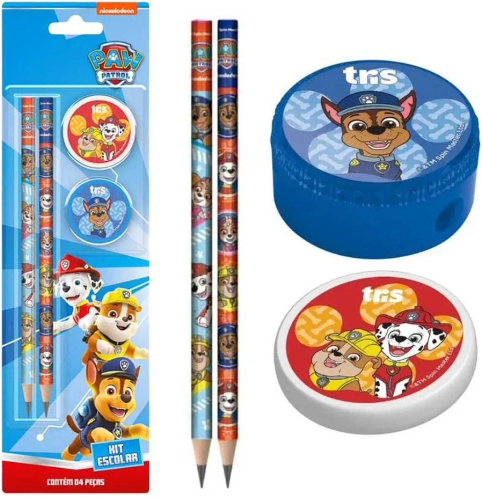 Kit Escolar Patrulha Canina  com Lápis, Apontador e Borracha