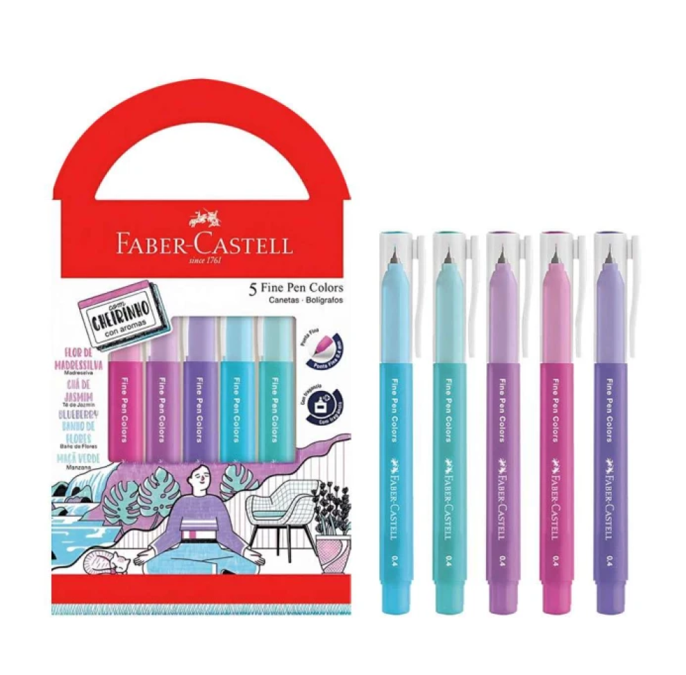 Caneta Fine Pen Faber-Castell com Cheirinho de Frutas 0,4 mm – Estojo com 5 Unidades