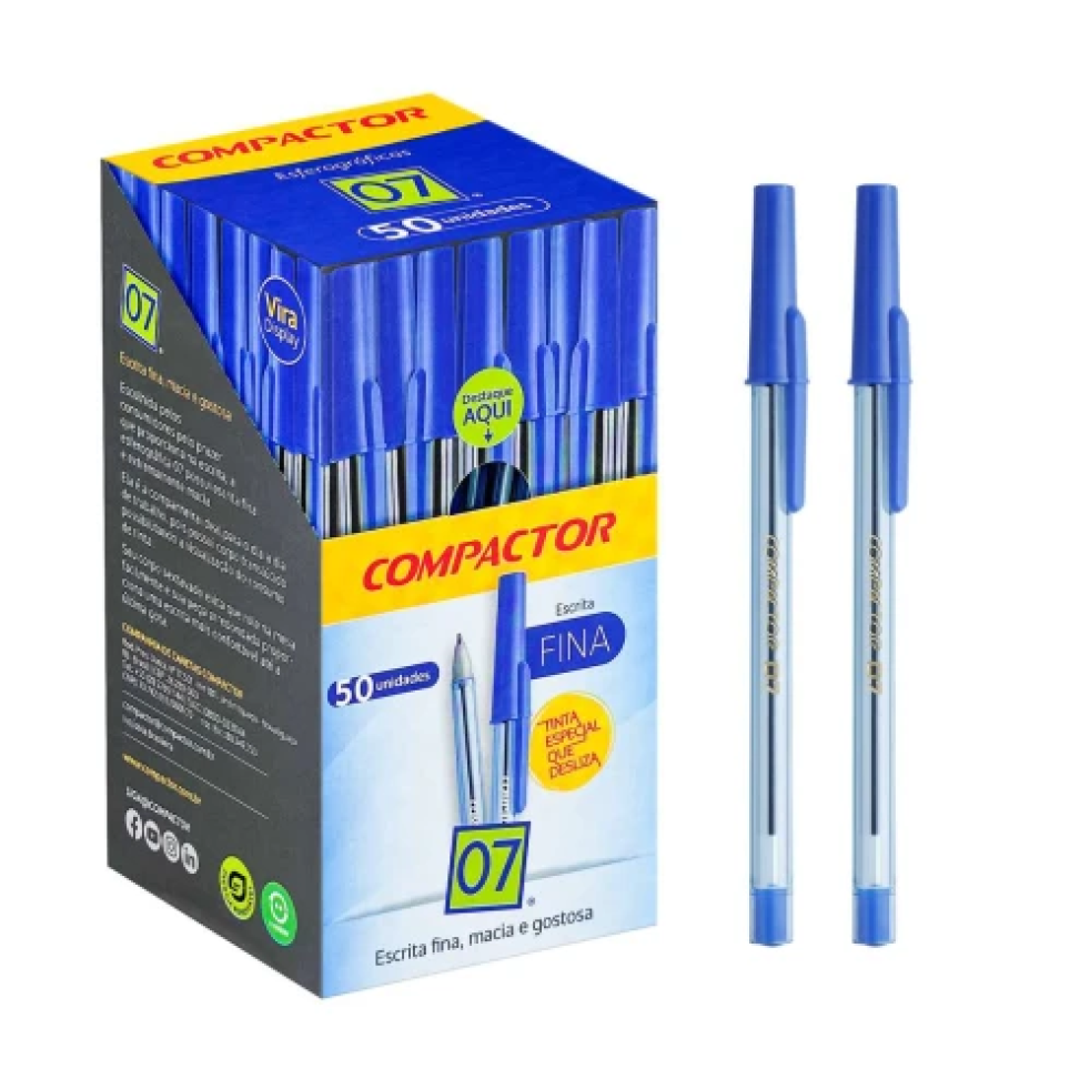 Caneta esferográfica 07 com 01 unidade azul preta vermelha Compactor