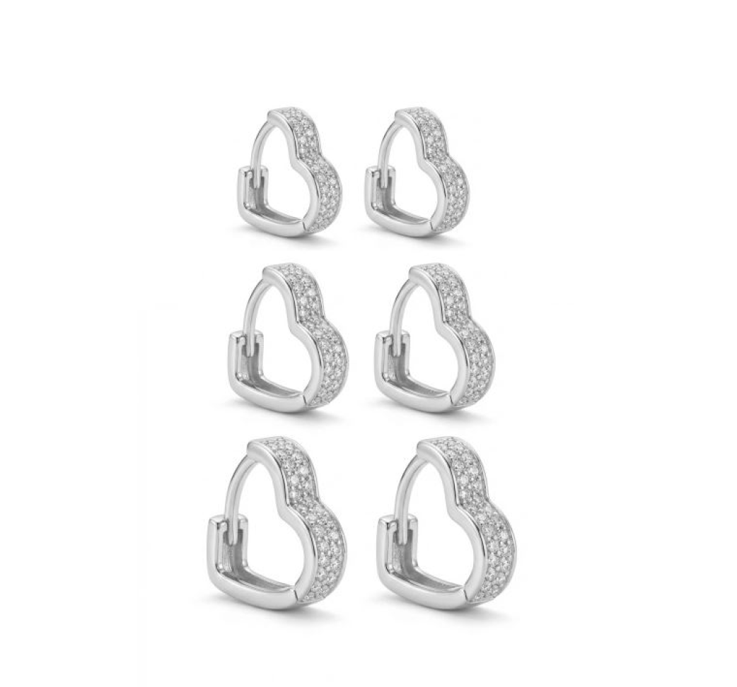Brinco trio argola coração micro zircônia branco