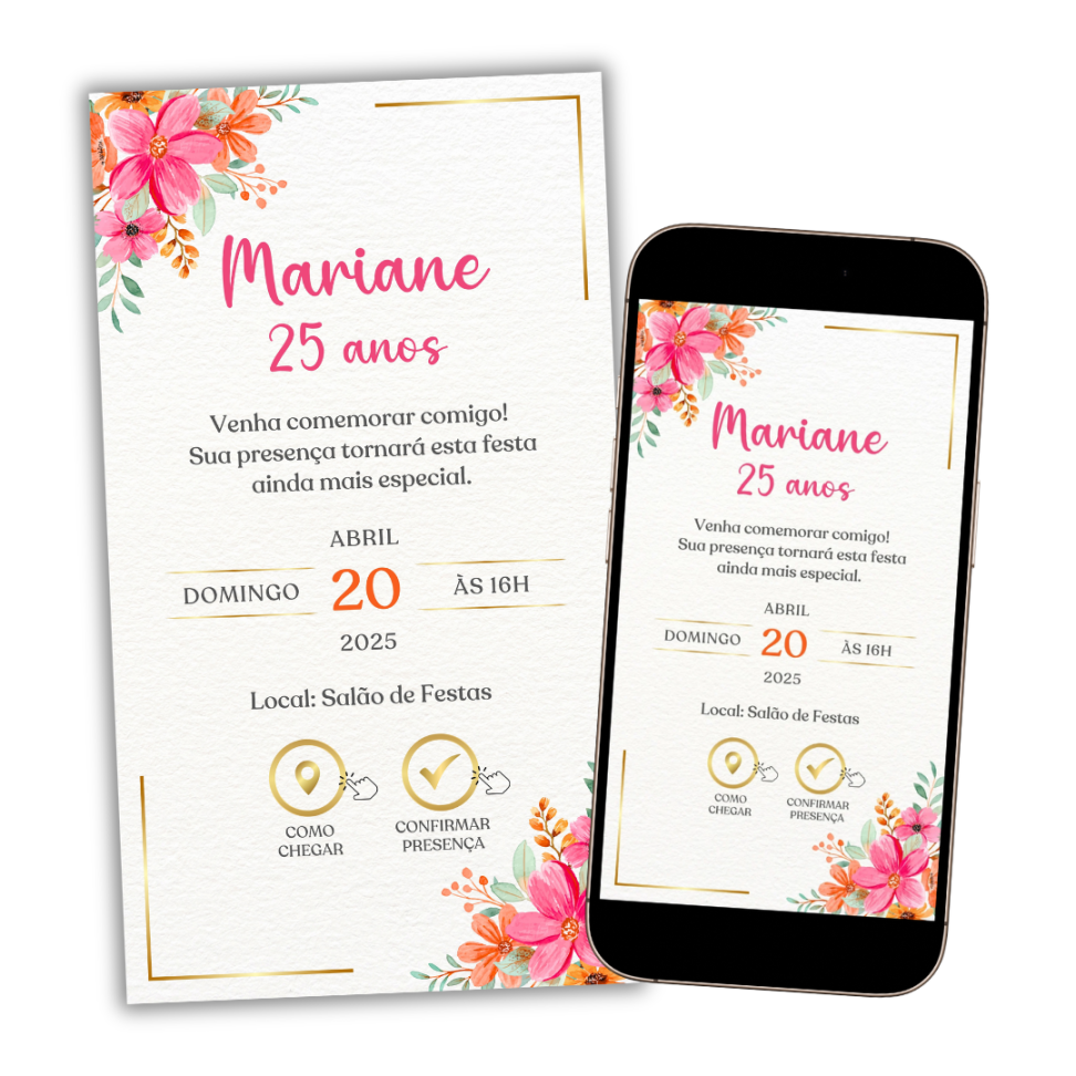 Convite Digital Interativo Floral Laranja e Rosa