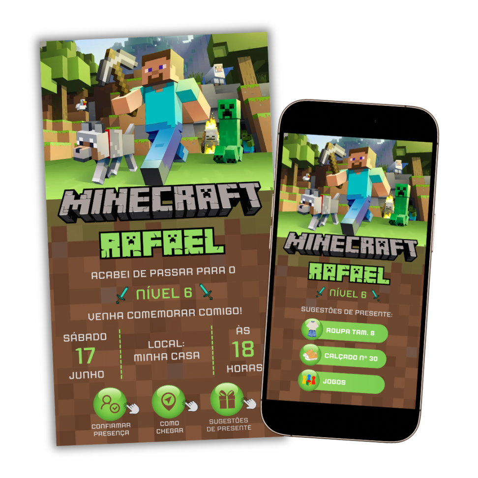Convite Digital Interativo Minecraft + Sugestões de Presente
