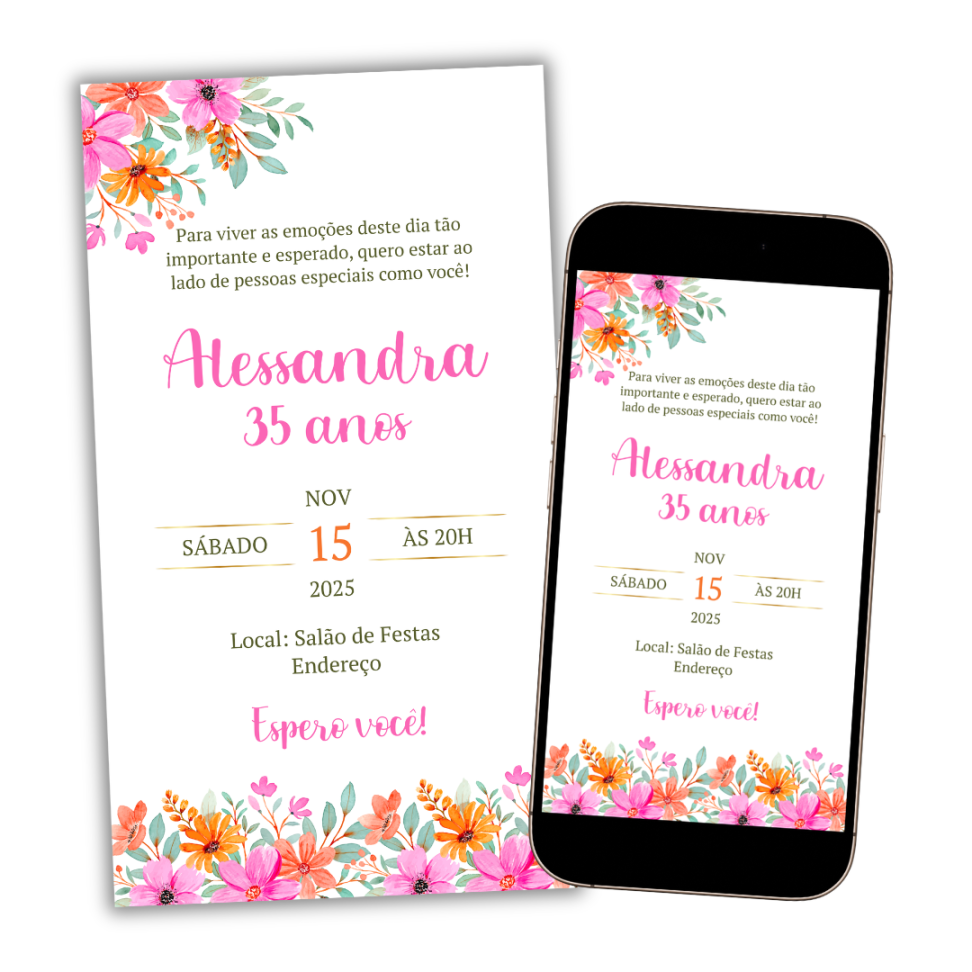 Convite Digital Floral Laranja e Rosa