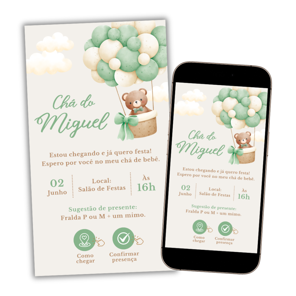 Convite Digital Interativo Chá de Bebê Ursinho Verde