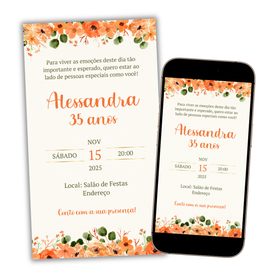 Convite Digital Floral Laranja