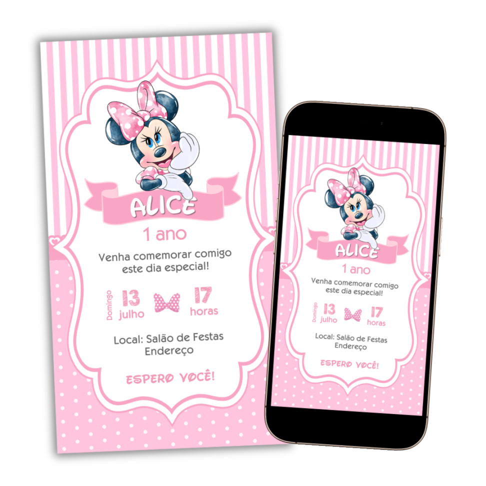 Convite Digital Minnie Rosa Modelo 2