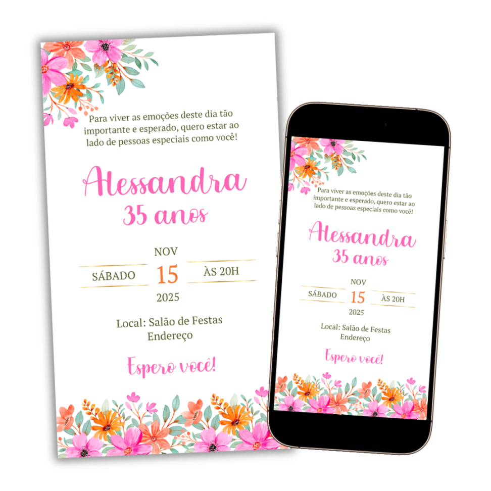 Convite Digital Floral Laranja e Rosa Modelo 2