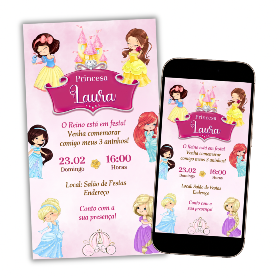 Convite Digital Princesas Disney Cute Modelo 2