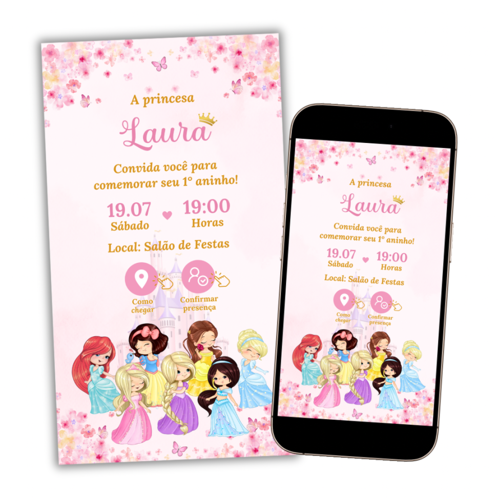 Convite Digital Interativo Princesas Disney Cute