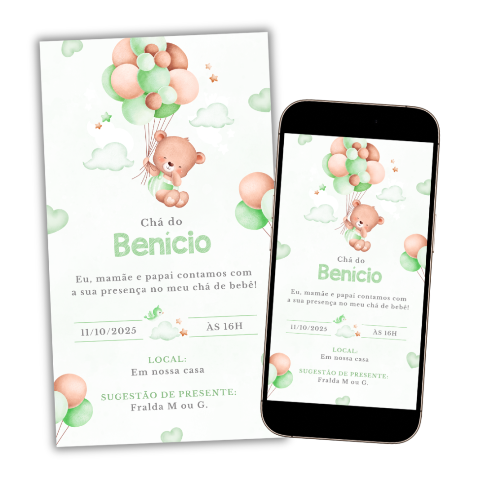 Convite Digital Chá de Bebê Ursinho Verde - #3