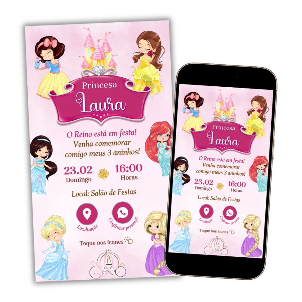 Convite Digital Interativo Princesas Disney Cute