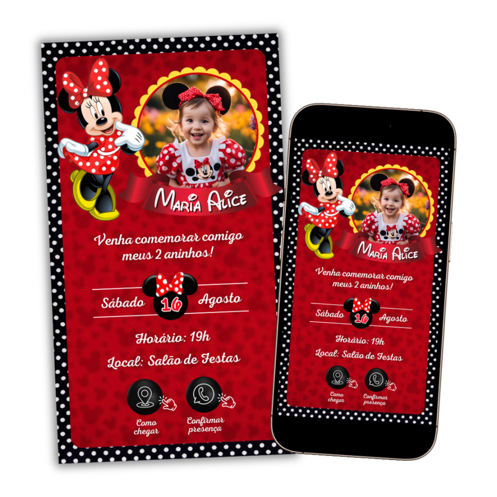Convite Digital Interativo Minnie Vermelha com Foto