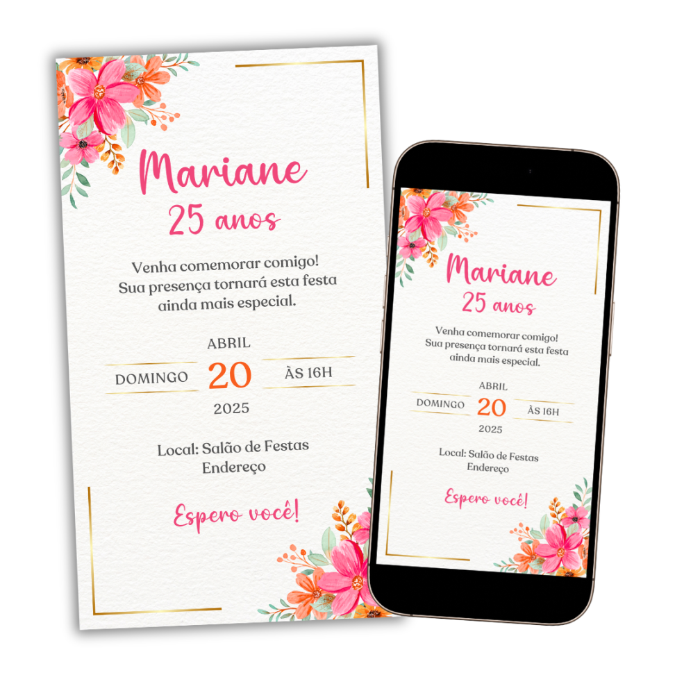 Convite Digital Floral Laranja e Rosa