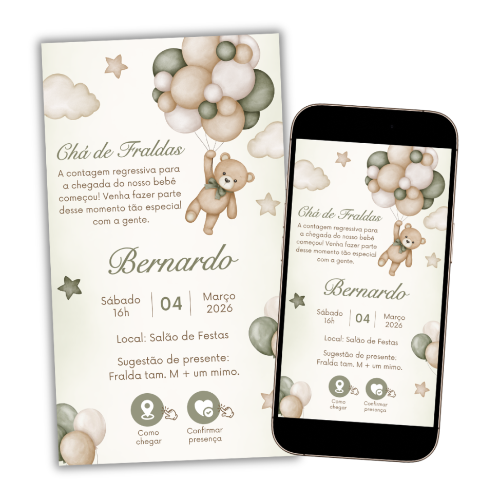Convite Digital Interativo Chá de Bebê Ursinho Verde