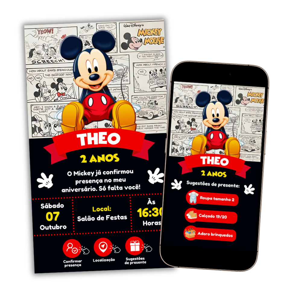 Convite Digital Interativo Mickey Mouse + Sugestões de Presente