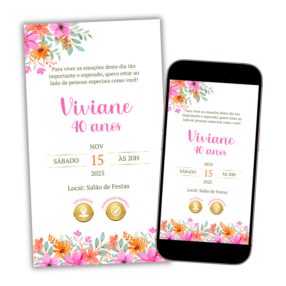 Convite Digital Interativo Floral Laranja e Rosa