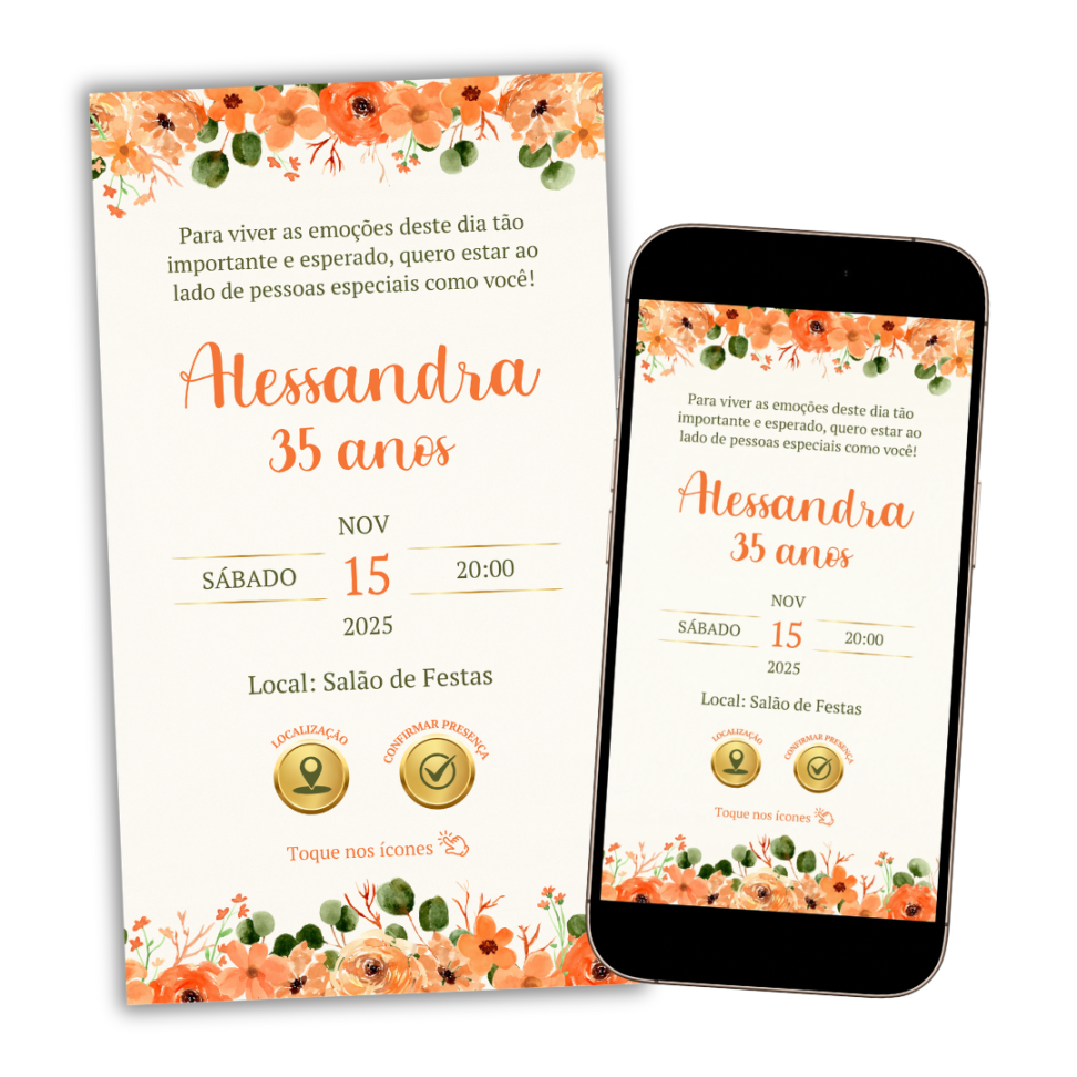Convite Digital Interativo Floral Laranja
