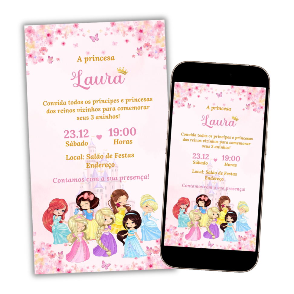 Convite Digital Princesas Disney Cute