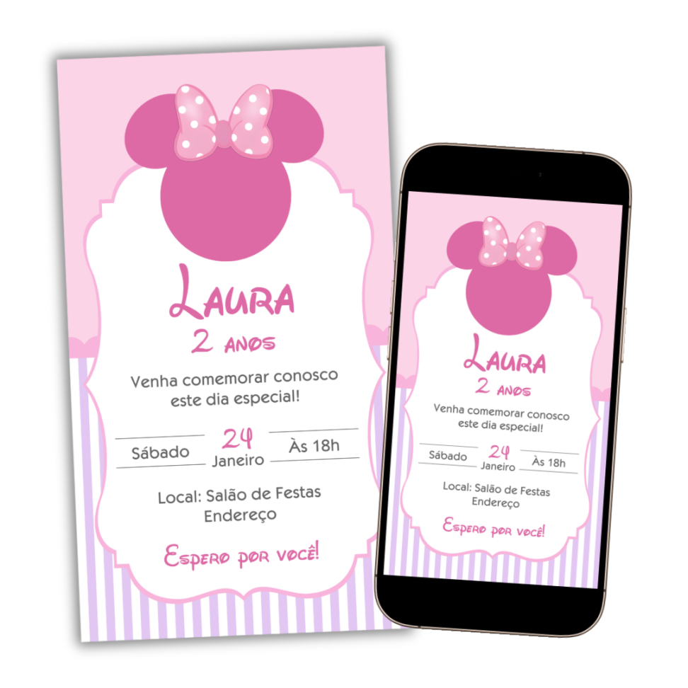 Convite Digital Minnie Rosa Modelo 3