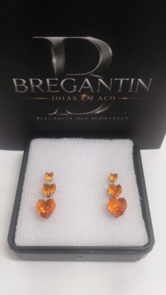 Brinco Trio Coração Zirconia Orange