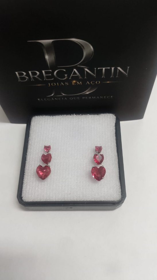 Brinco Trio Zirconia Coração Rosa