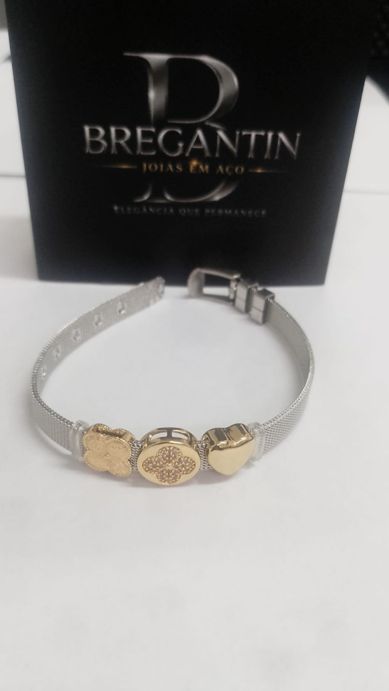 Pulseira Malha Coração/Trevo Cravejado