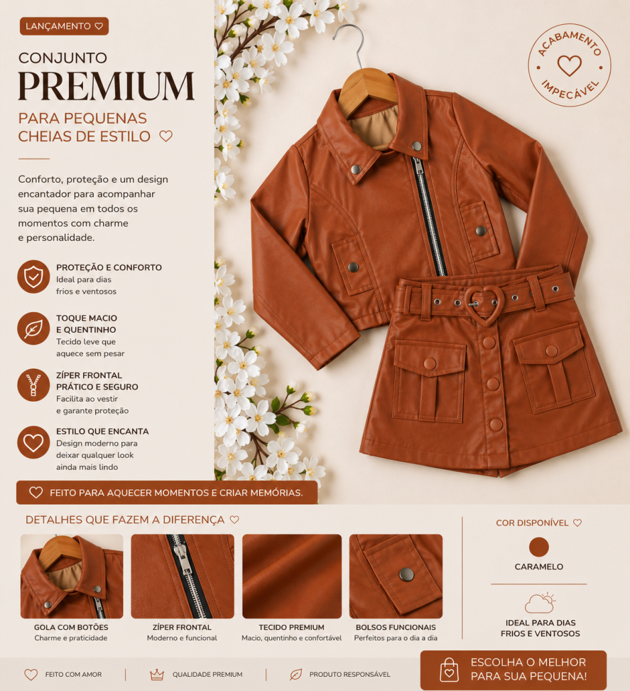 Conjunto de Jaqueta de Couro Fake + Short-Saia - Marrom