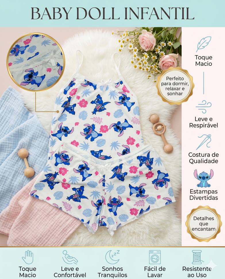 Baby Doll Infantil Premium Little Stitch Branco