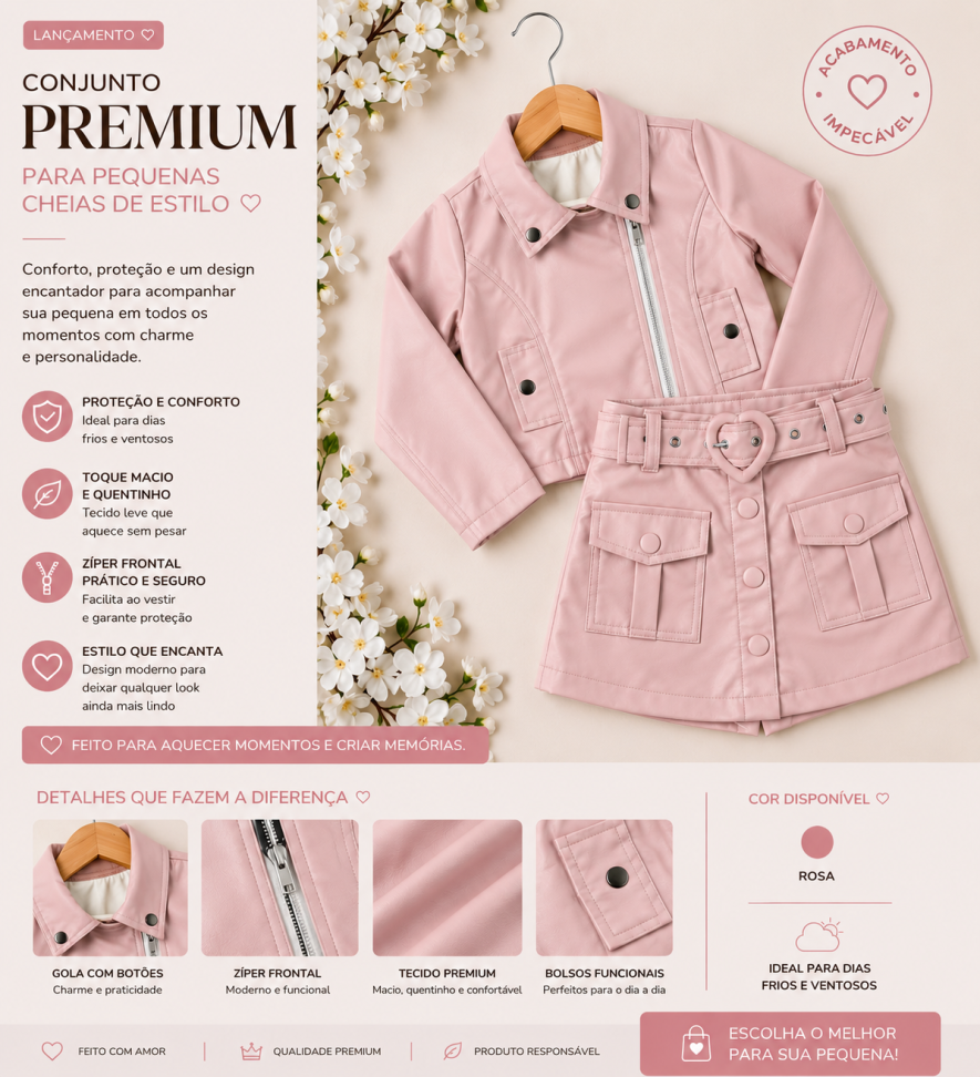 Conjunto de Jaqueta de Couro Fake + Short-Saia - Rosa