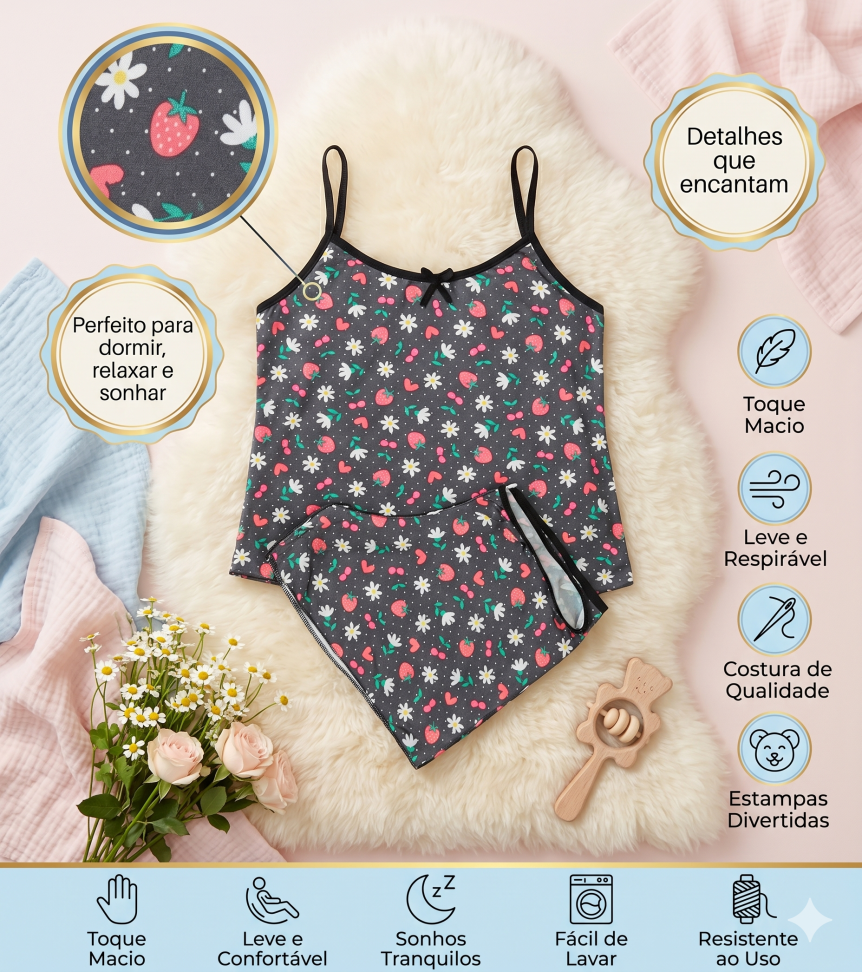 Baby Doll Soft  Flor e Morango - Preto