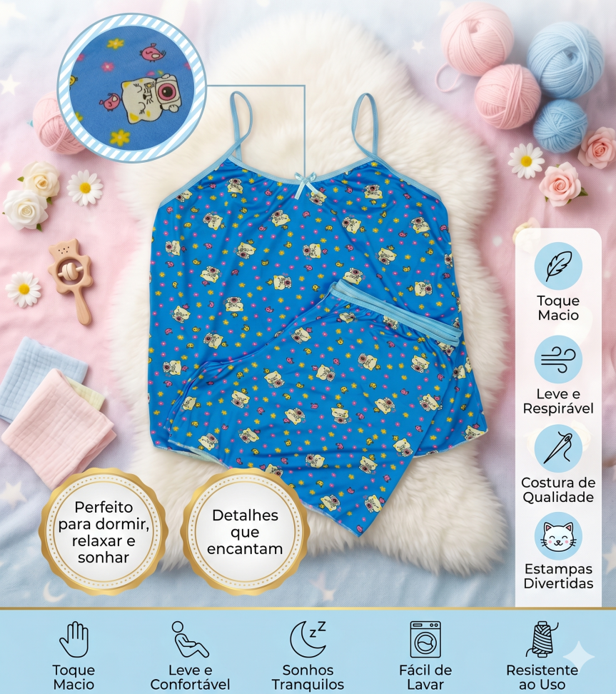 Baby Doll Soft Adulto Azul - Gatinho