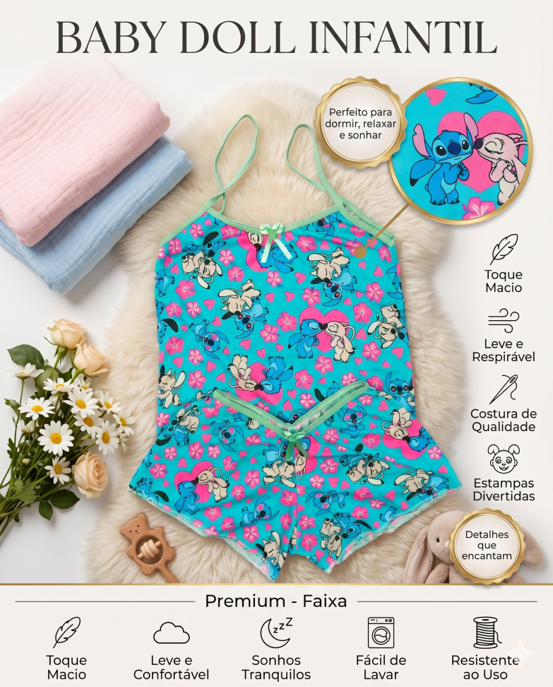 Baby Doll Infantil Premium Little Stitch Azul