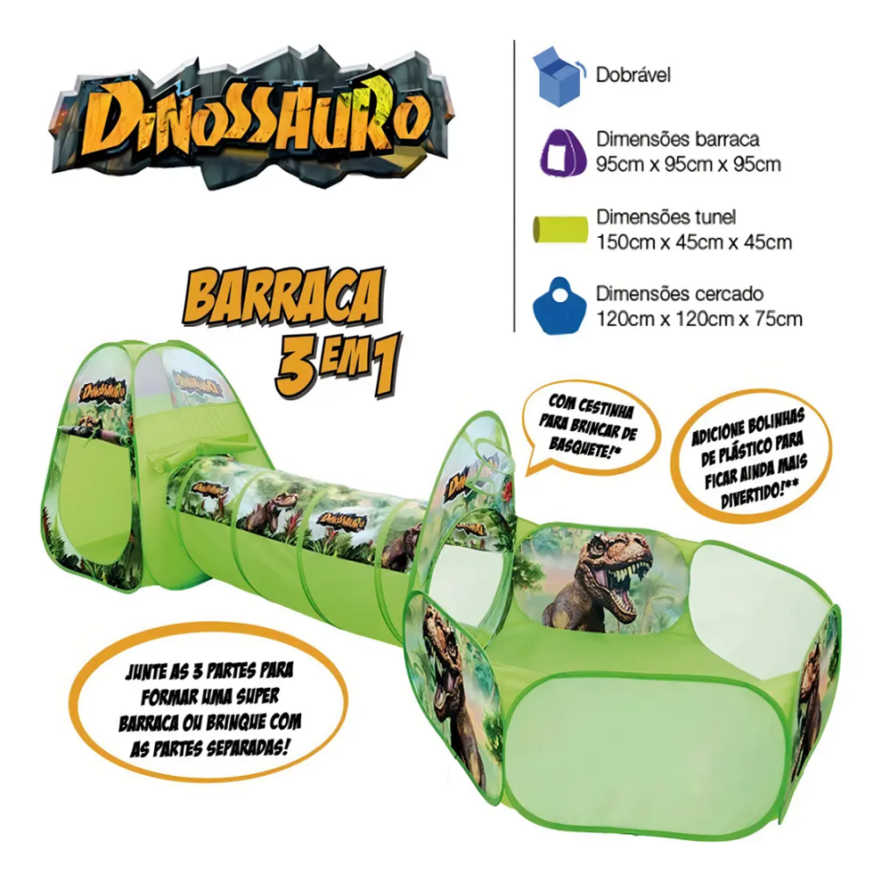 BARRACA DOBRAVEL 3 EM 1 DINOSSAURO NA BOLSA DMT 588