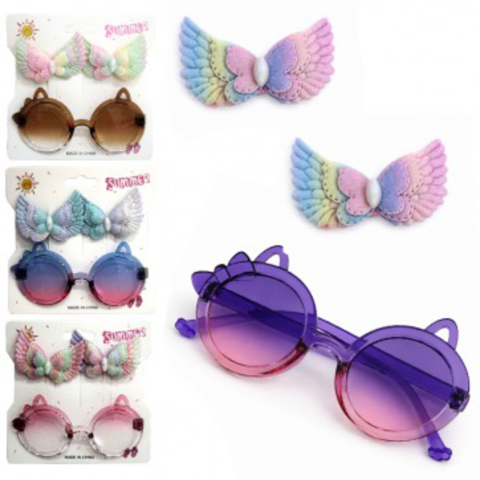 KIT BELEZA INFANTIL C/OCULOS GATINHA + 2 ACESSORIOS P/CABELO PRESILHA BORBOLETA SUMMER