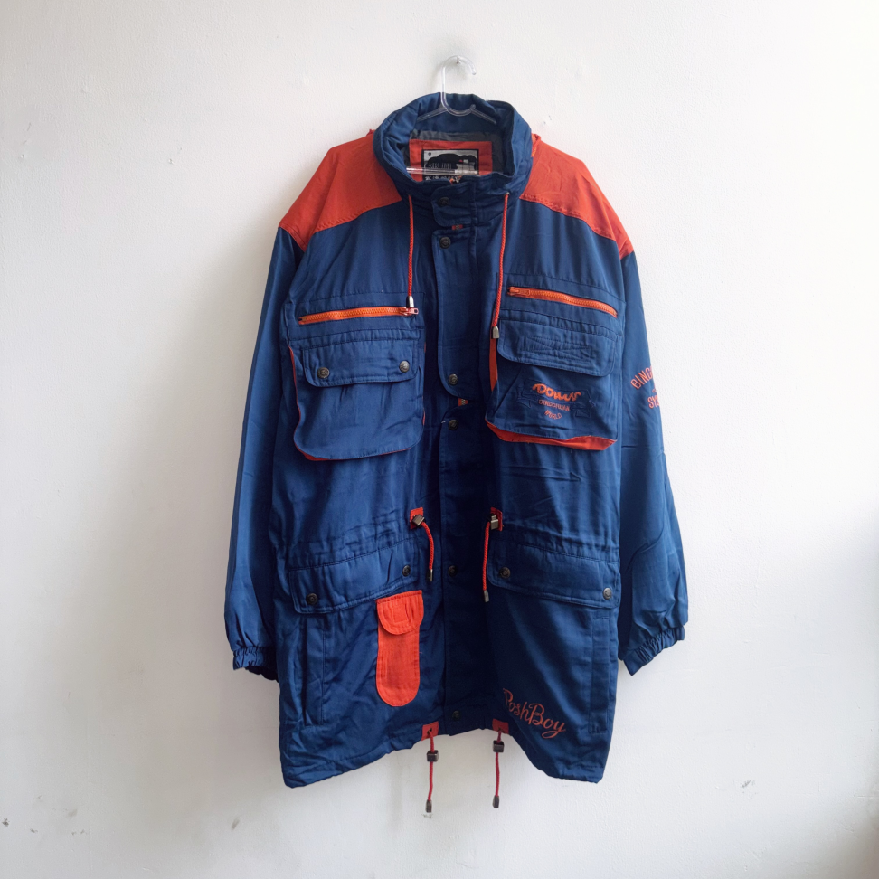 jaqueta vintage azul e laranja