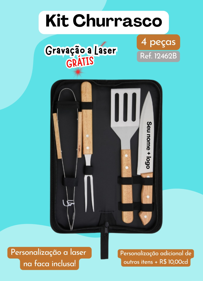 Kit Churrasco -  4 peças (Pegador) - Com estojo