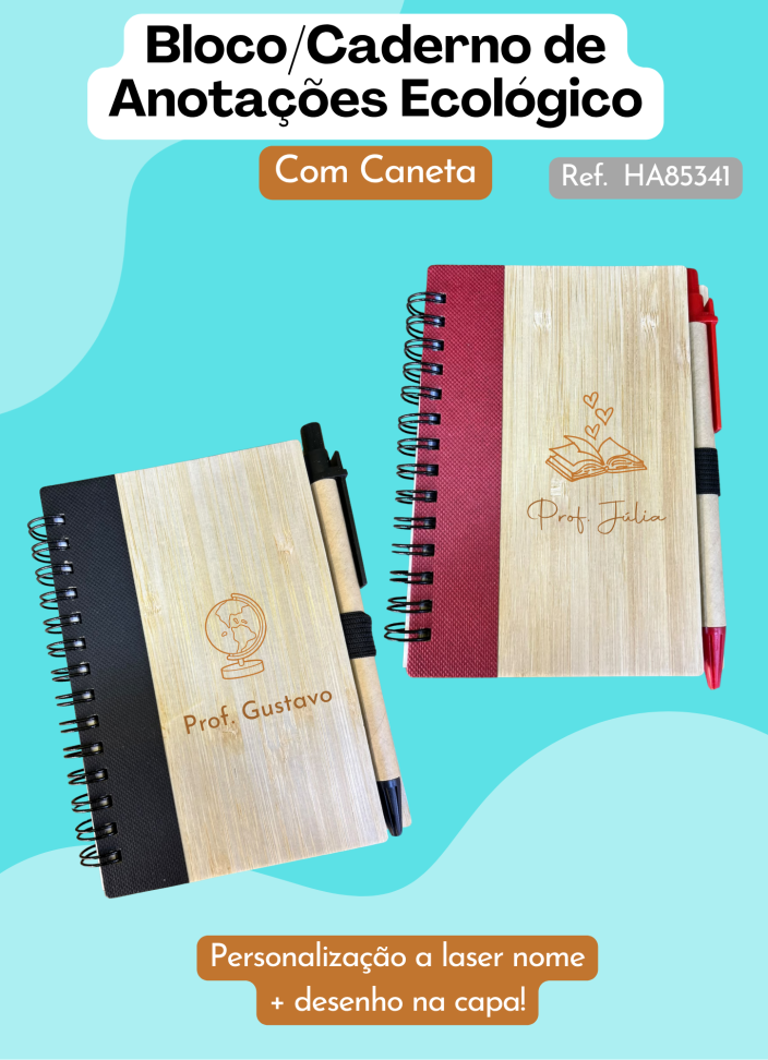 Bloco / Caderneta de Anotações Bambu com Caneta