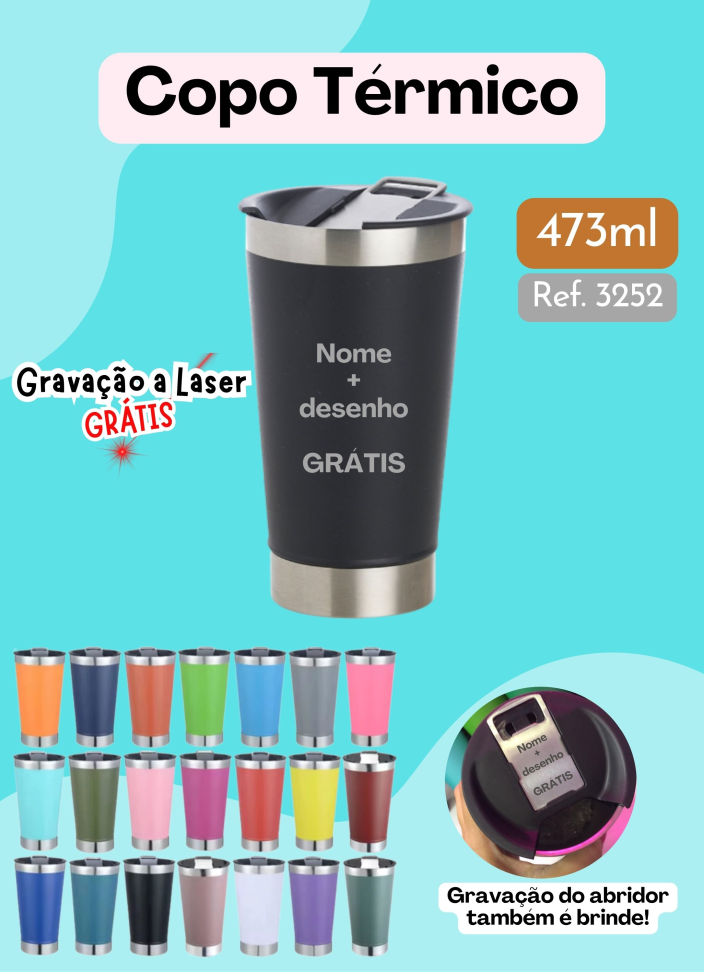 Copo térmico 473ml com tampa e abridor