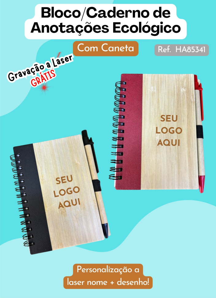 Bloco / Caderneta de Anotações Bambu com Caneta