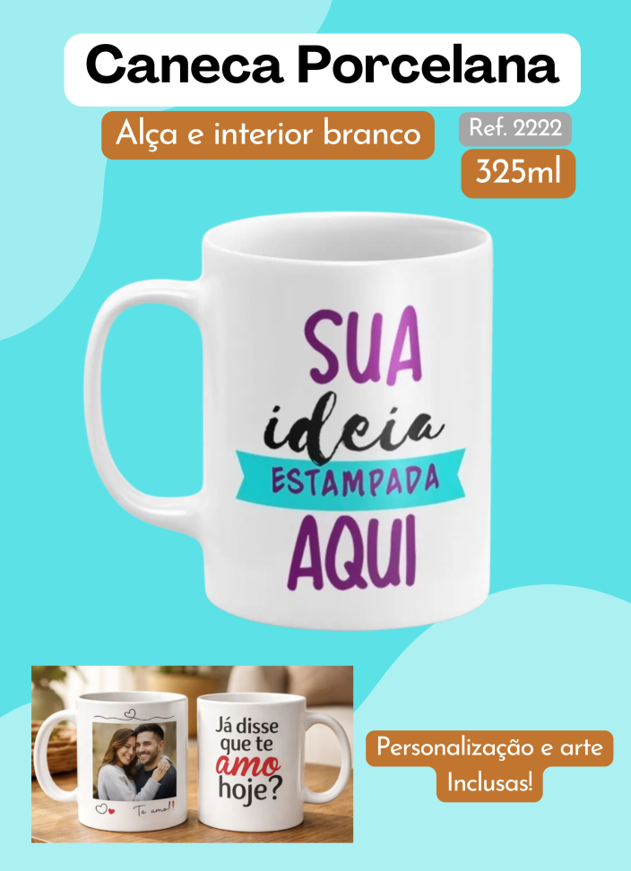 Caneca Porcelana 325ml - Alça e Interior Branca