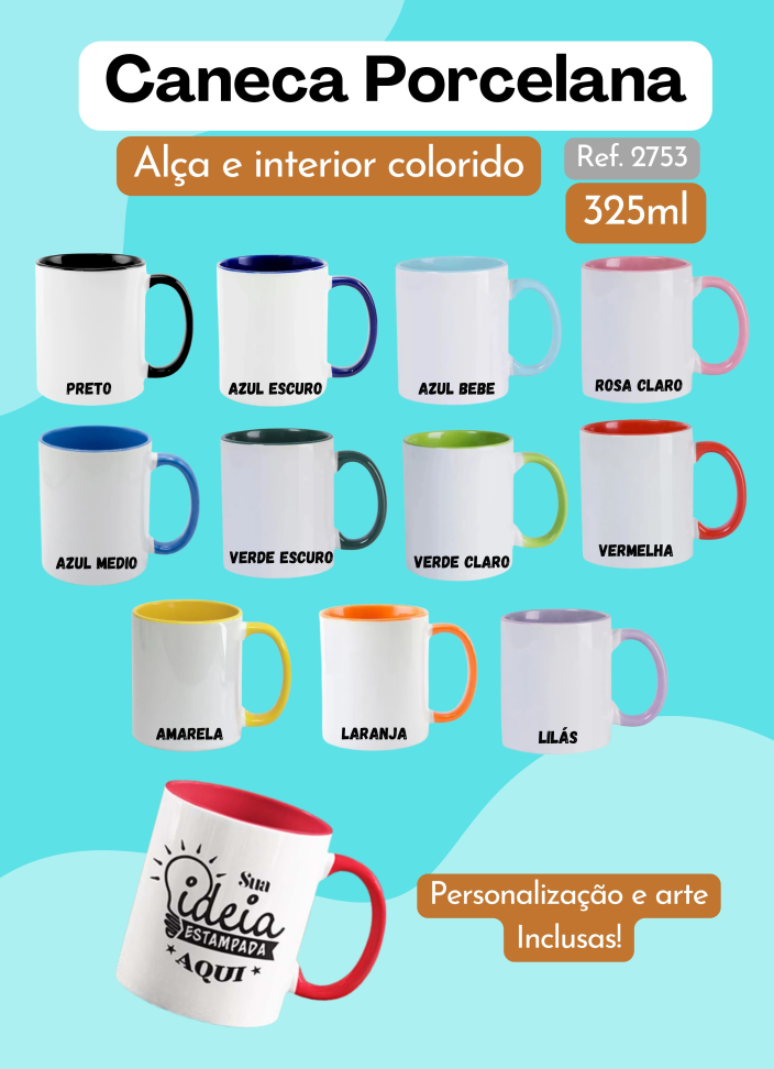 Caneca Porcelana 325ml - Alça e Interior Colorido
