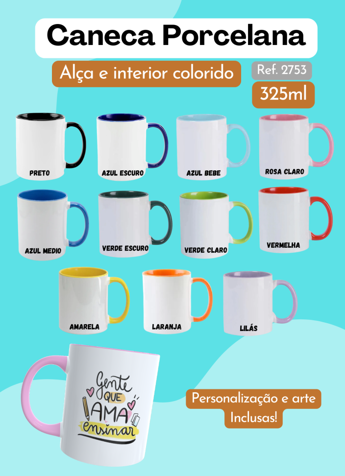 Caneca Porcelana 325ml - Alça e Interior Colorido