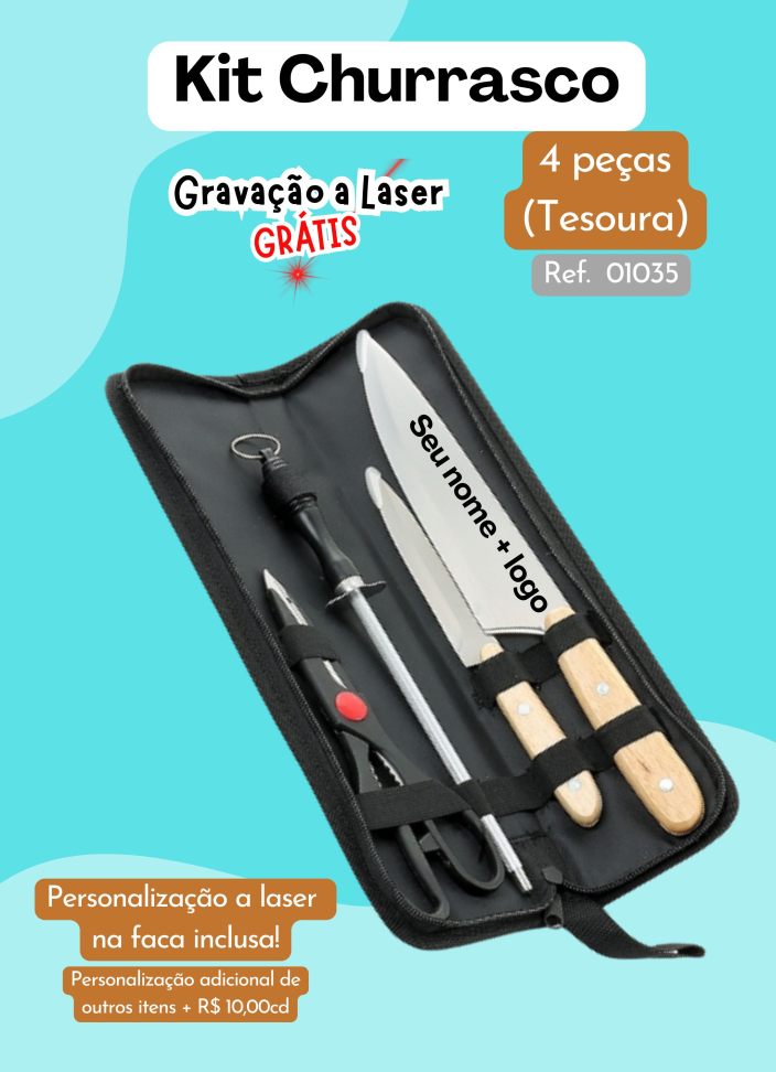 Kit Churrasco -  4 peças (Tesoura) - Com estojo