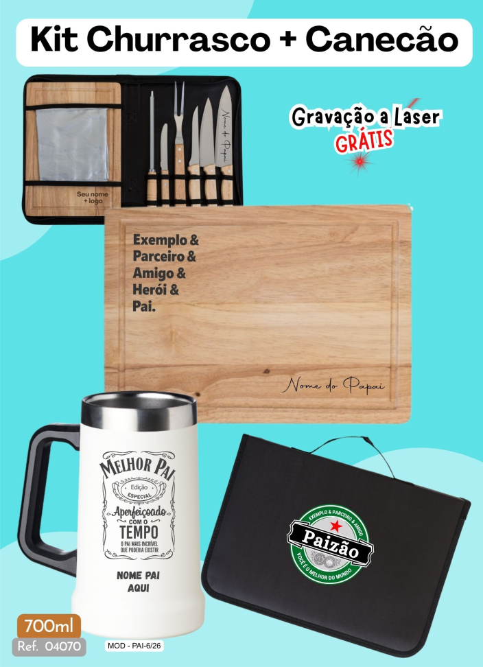 Kit 1 - Canecão Térmico + Kit Churrasco -  8 peças (Tábua) - Com estojo