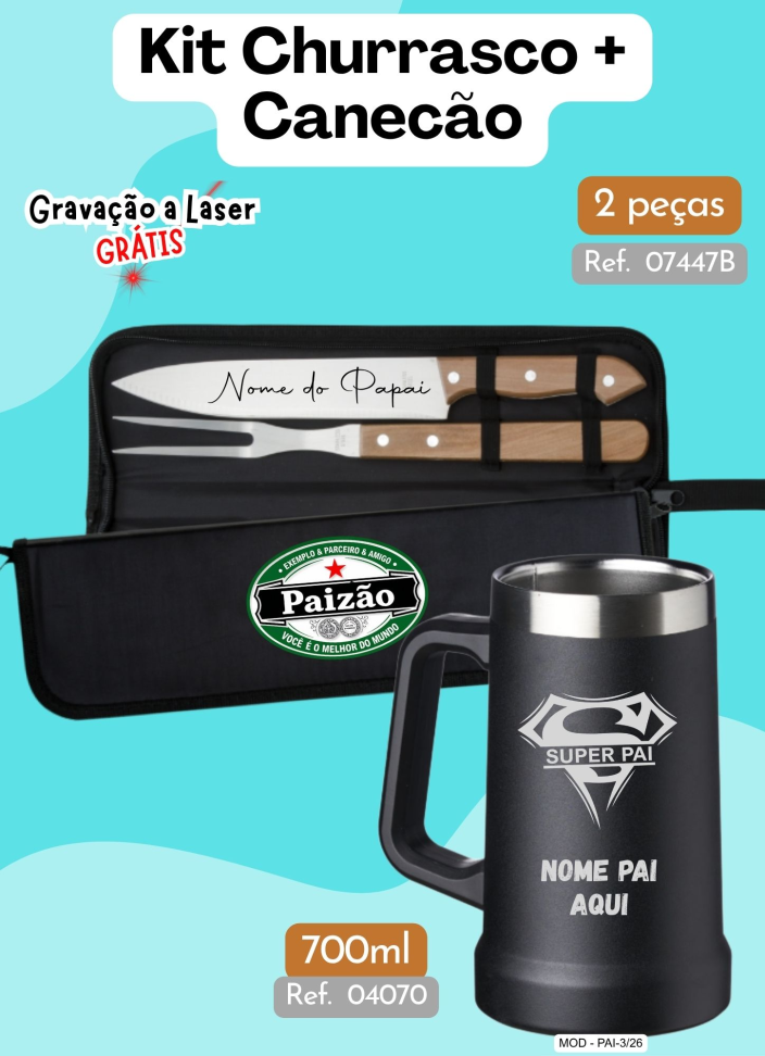 Kit 2 - Canecão Térmico + Kit Churrasco 2 peças - Com estojo